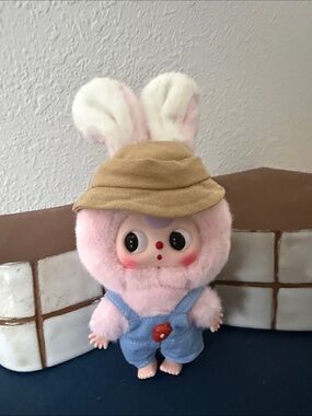 Baby Three 80% boba eyes Plush Pink Bunny Doll with Tan Hat and Blue Overalls